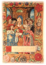 Copie de la charte de fondation de la collgiale Saint-Pierre de Bar-leDuc en 1315 : reprsentation de l'vque donnant la charte (poque mdivale)